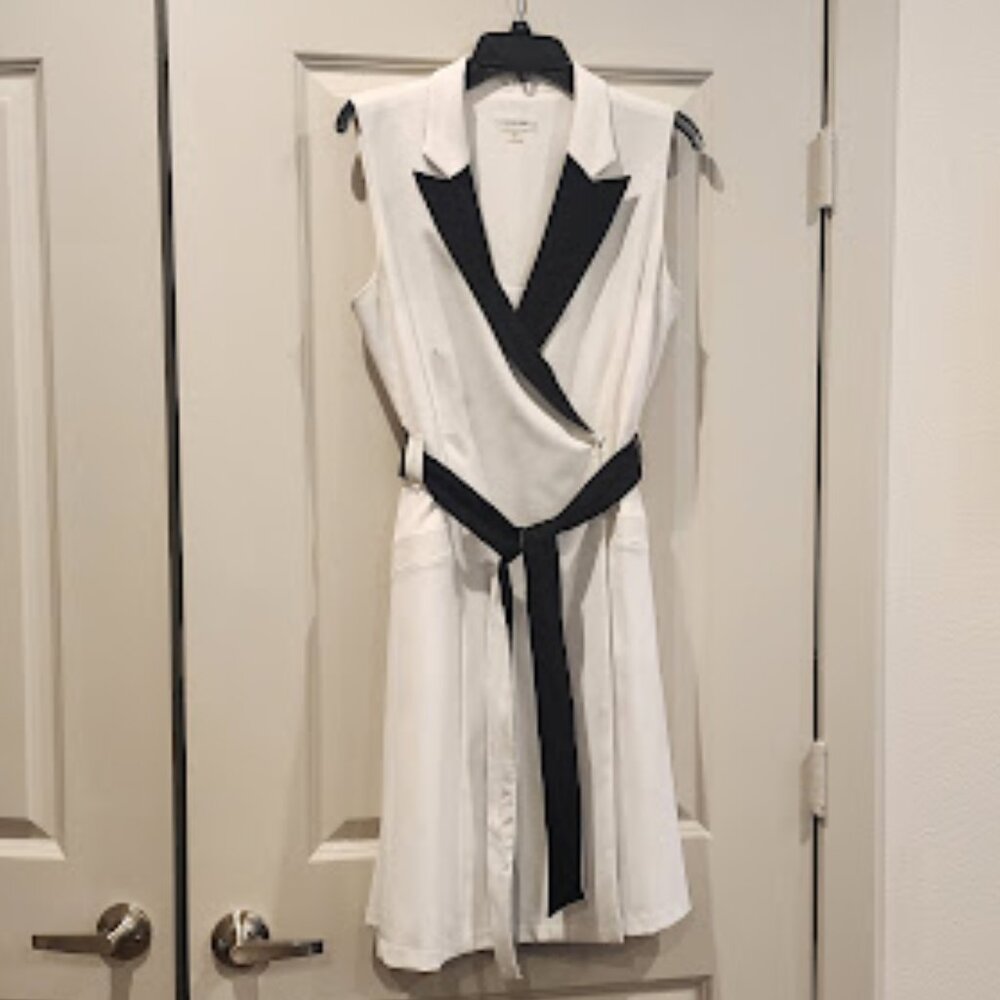 Calvin Klein dress white with black neck trim and black, white belt.  Size 12